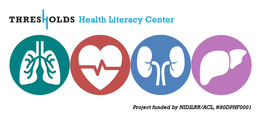 "Thresholds Health Literacy Center" over several cartoons of organs. Below it says "Project funded by NIDILRR/ACL, #90DPHF001".