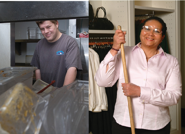 two photos of clients at work. one is doing dishes, one is holding a broom